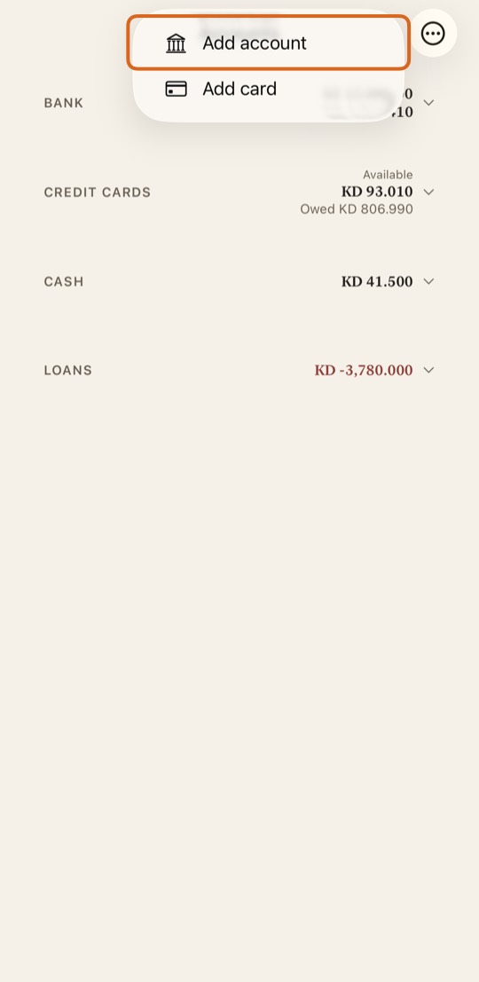 Open Accounts and tap Add, then Add account.