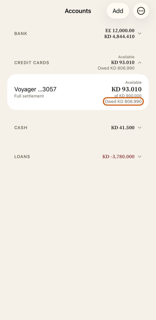On Accounts, each card shows Available: how much more you can spend on it.