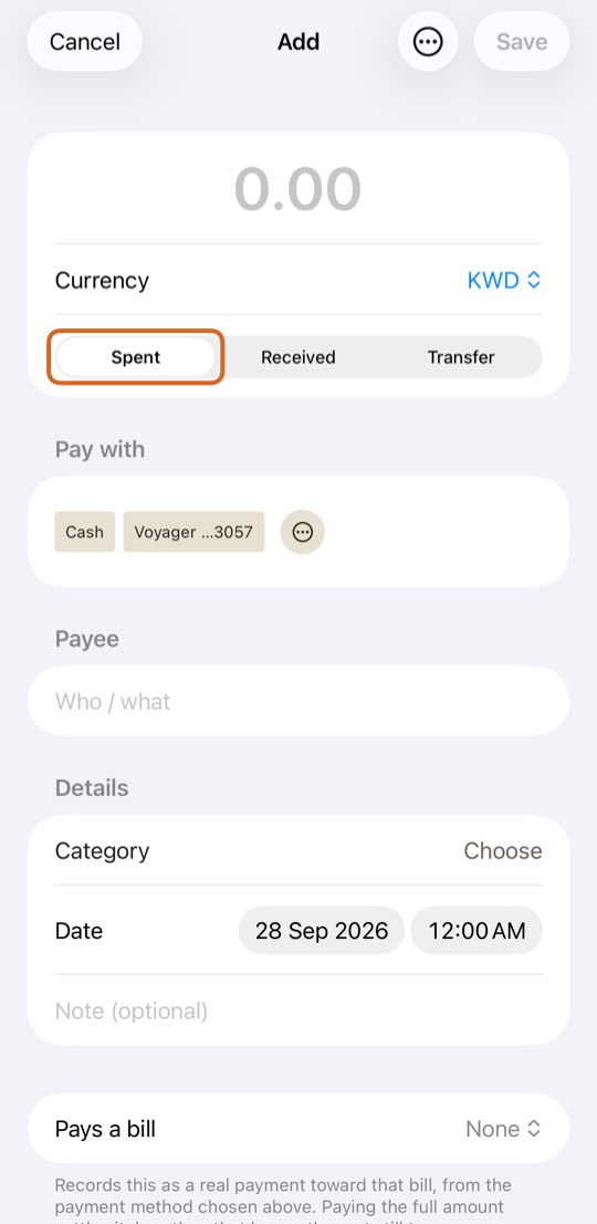Type the amount. Choose Spent, Received or Transfer.
