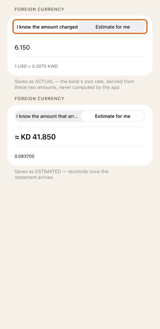 If you know what your bank charged, choose I know the amount charged and type it.