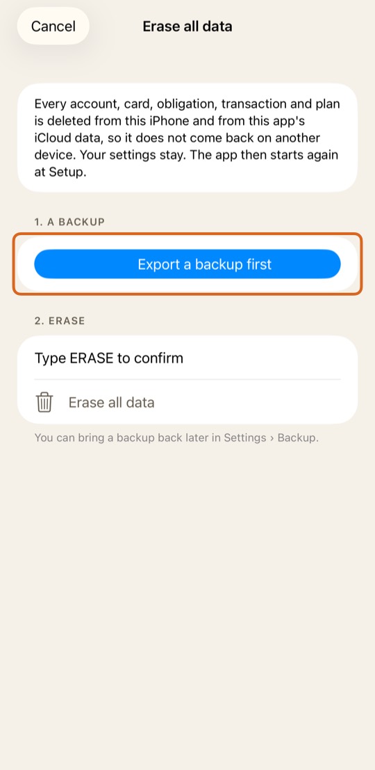 Tap Export a backup first, then Save the backup.