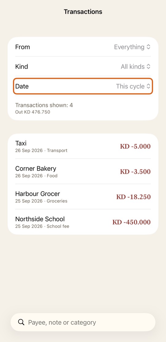 Tap Date and choose a period, such as This cycle or Last month.