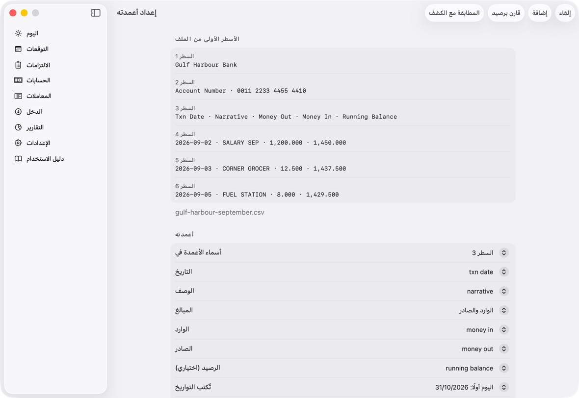 تحقق من الأعمدة التي وجدها التطبيق، ومن المعاينة في الأسفل: الرصيد الذي يقرؤه يجب أن يطابق رصيد الملف.