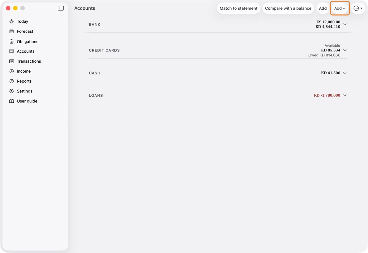Open Accounts and click Add, then Add account.