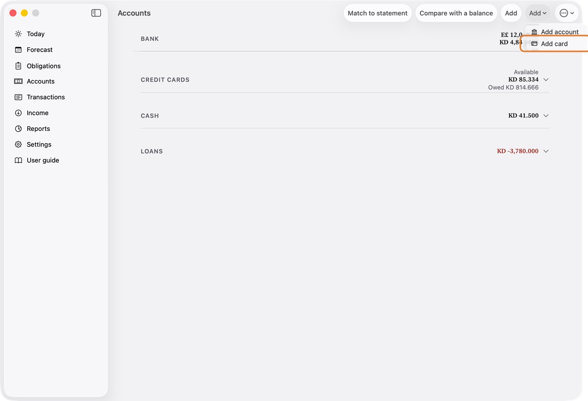 Open Accounts and click Add, then Add card.