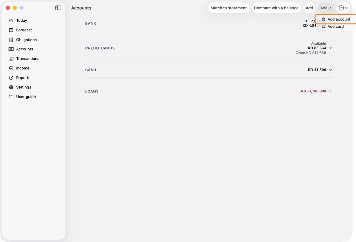 Open Accounts and click Add, then Add account.