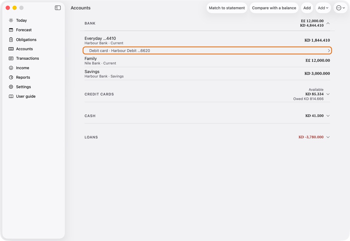 You should now see the card under its account, and under Pay with when you record a purchase. It has no balance of its own: what it pays comes off its account.