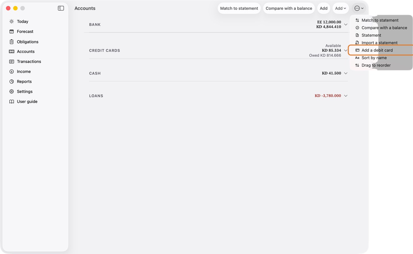 To add one, click ⋯, then Add a debit card.