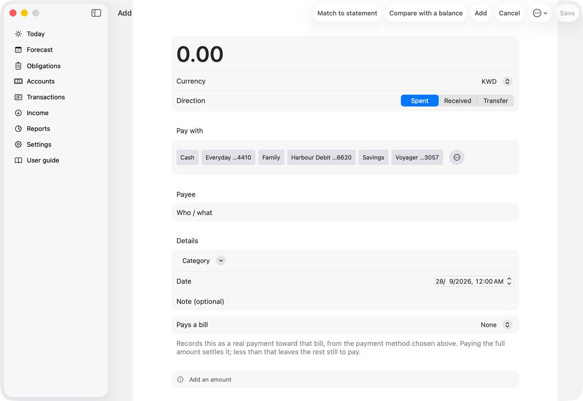Type the amount. Choose Spent, Received or Transfer.