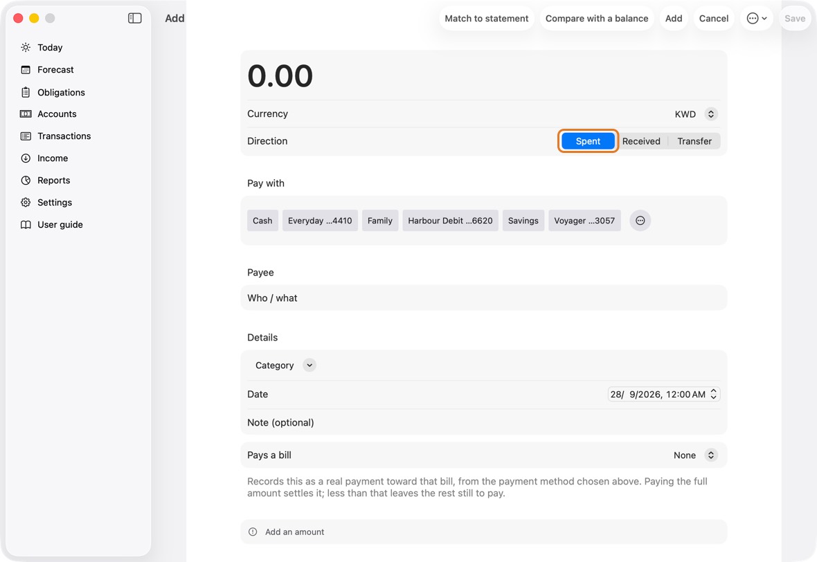 Type the amount. Choose Spent, Received or Transfer.