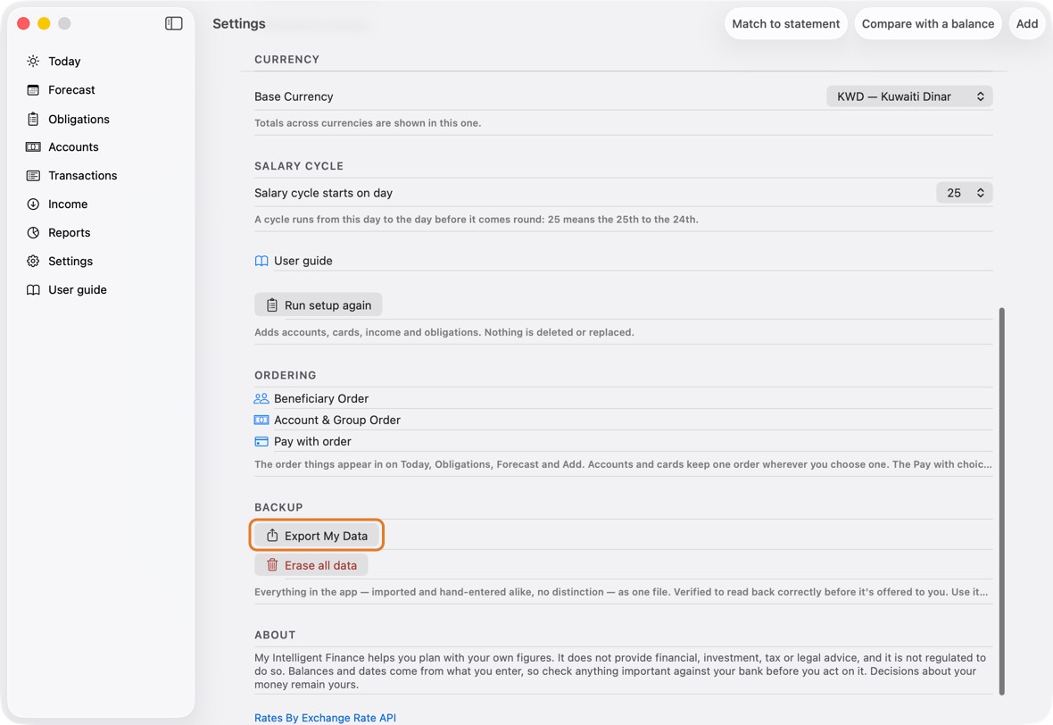 Open Settings and click Export My Data.