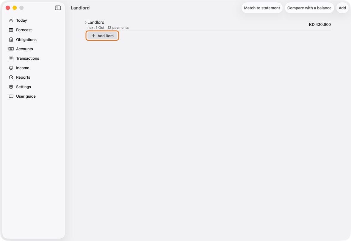 To add another payment for the same payee, click Add item on the payee's list.