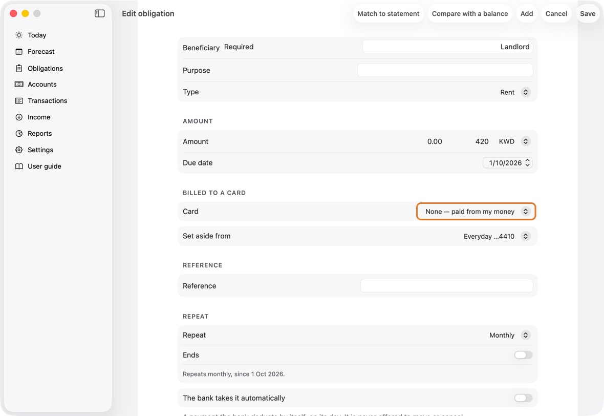 Under Billed to a card, choose the Card.