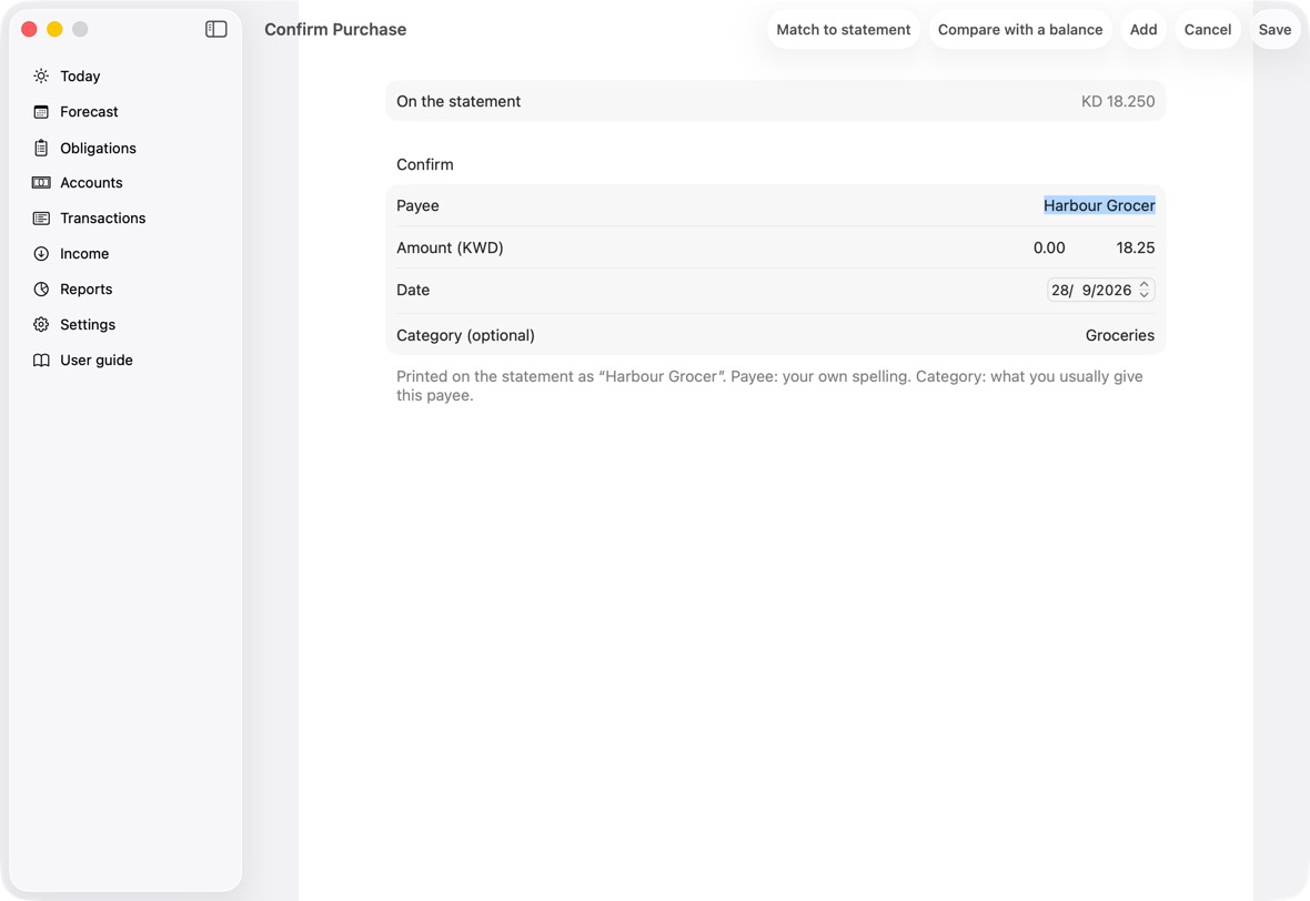 Click each line to confirm it: Confirm Purchase for a purchase, Confirm Payment for a payment.