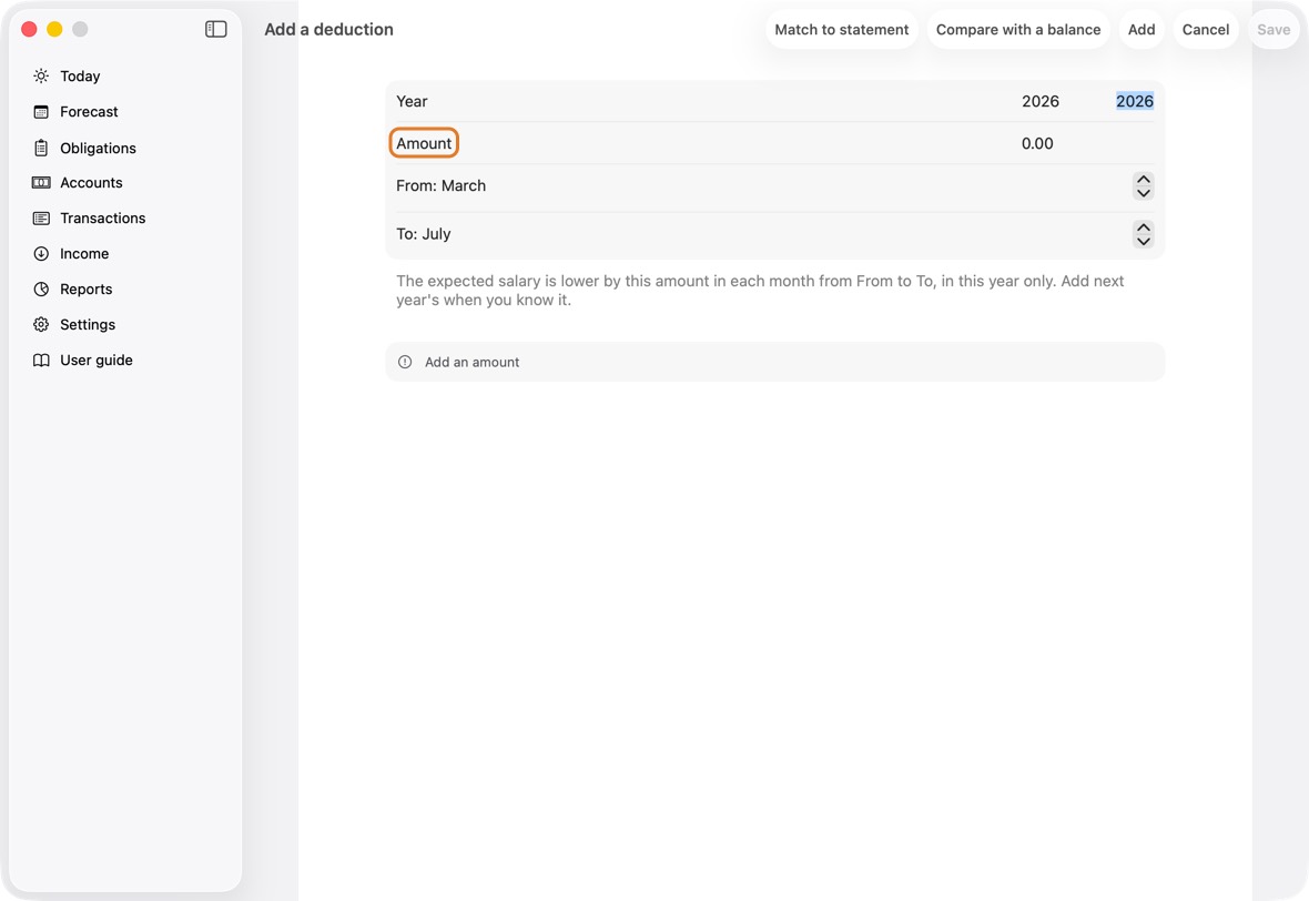 Type the Year and the Amount, set the months with From and To, and click Save.