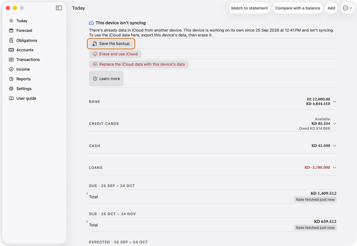 Click Export this device's data, then Save the backup, so nothing it holds is lost.