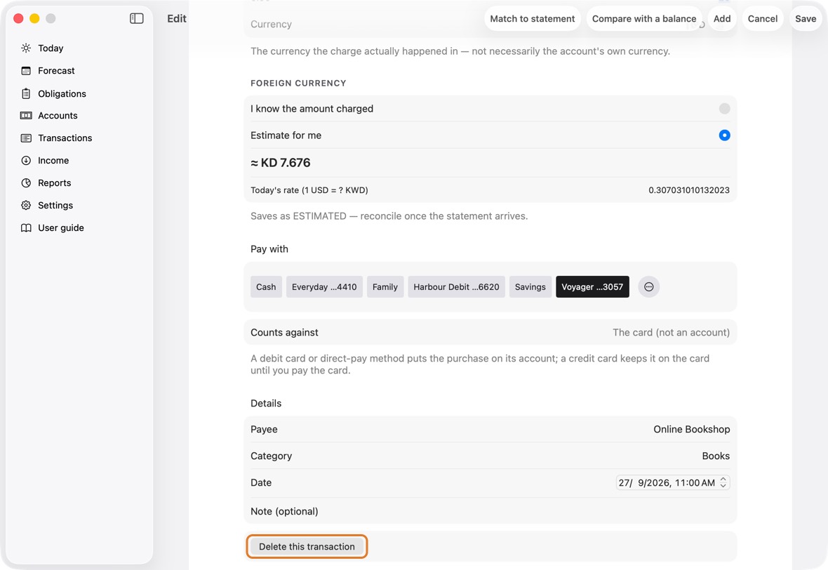 To remove it, click Delete this transaction and confirm.