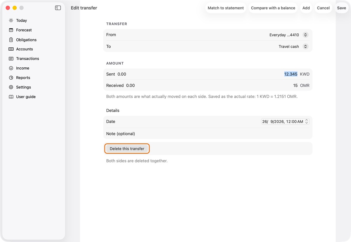 To remove it, click Delete this transfer and confirm. Both sides go.
