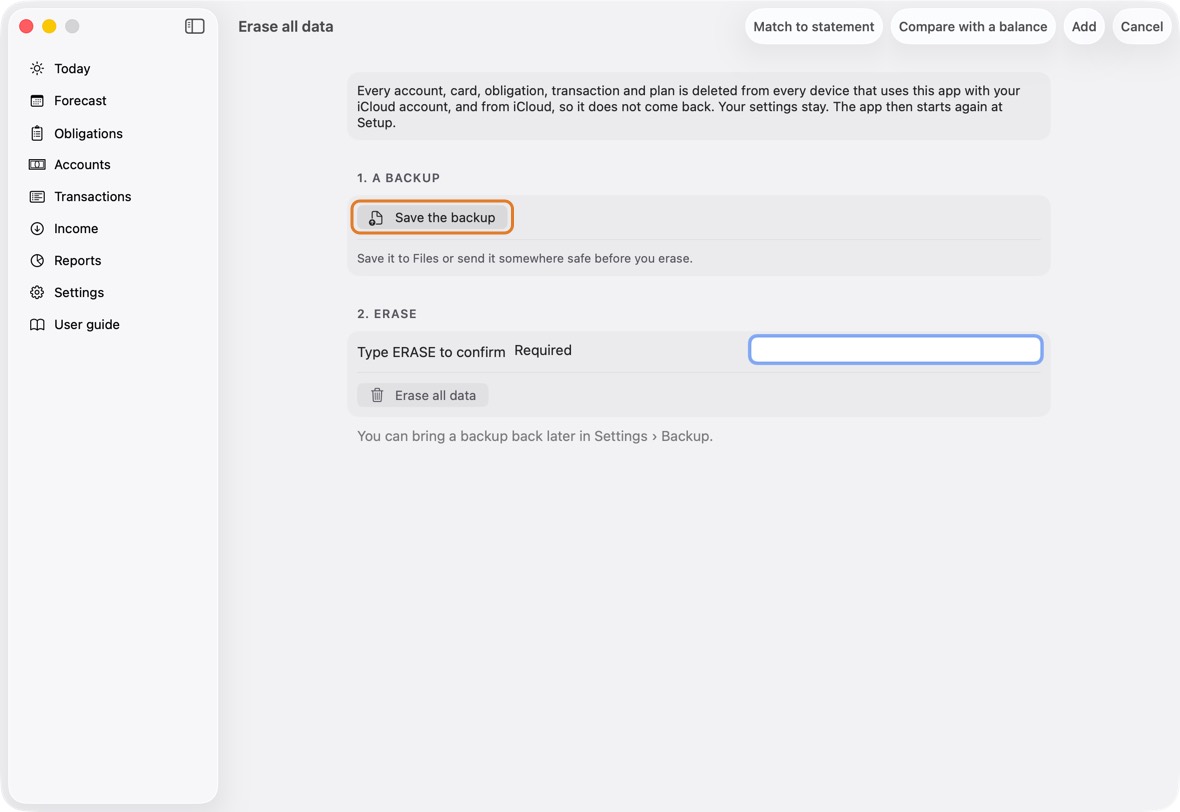 Click Export a backup first, then Save the backup.
