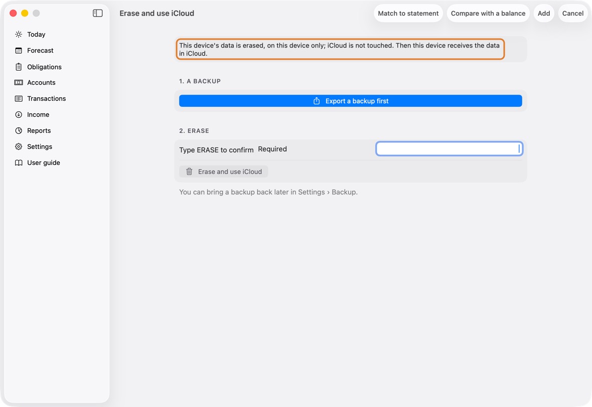 Click Erase and use iCloud, type the word it asks for, then click Erase and use iCloud. Only this device's data is erased; iCloud is not touched.