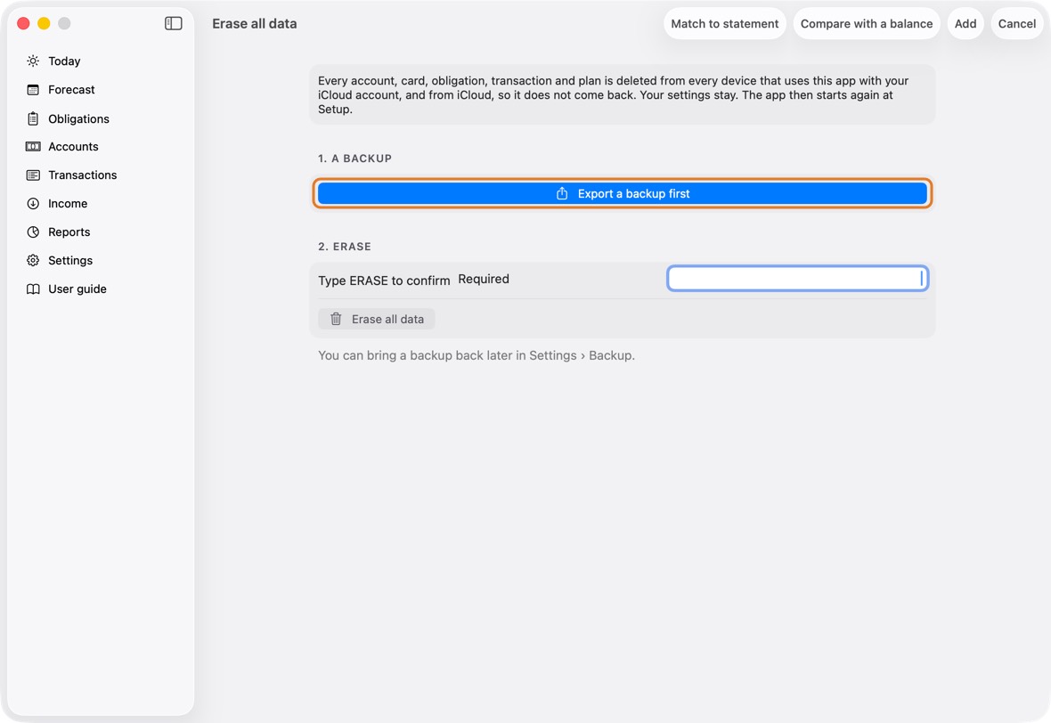 Click Export a backup first, then Save the backup.