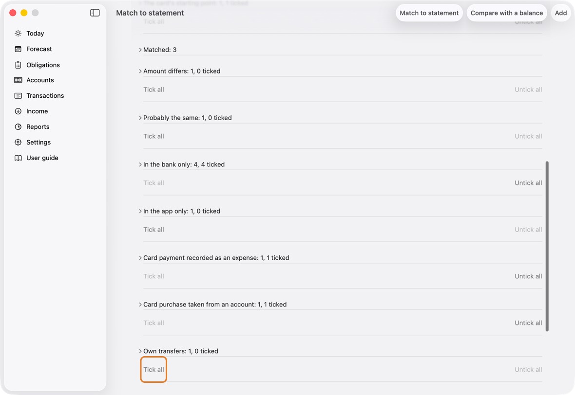 Each group has Tick all and Untick all: one click for every line in it.