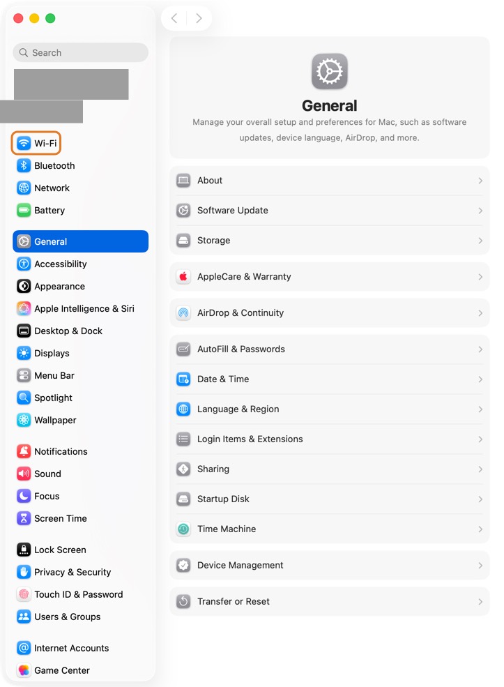 Check the internet: open a web page, or turn Wi-Fi off and on in System Settings › Wi-Fi.