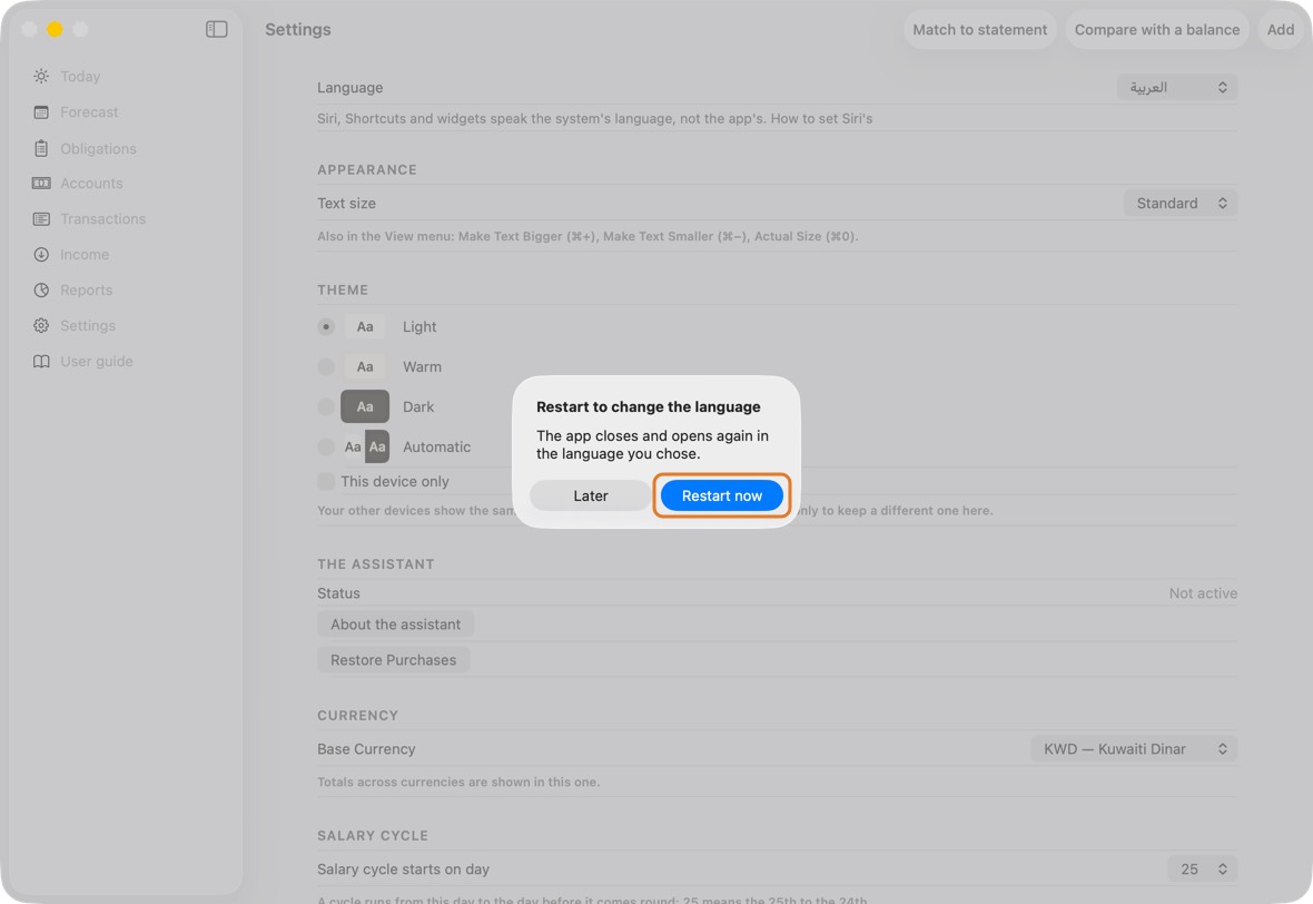 Click Restart now. On the Mac and iPad the app closes: open it again from the Home Screen. On the Mac it opens again by itself.