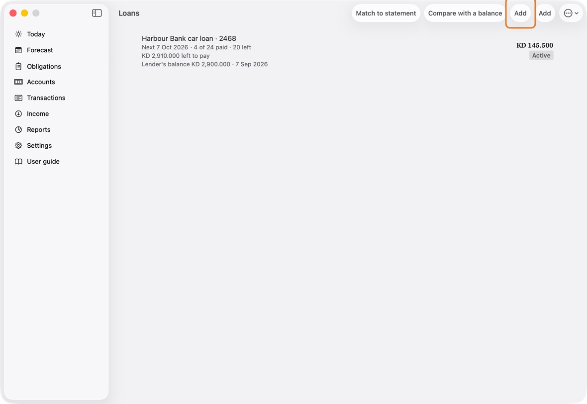Open Obligations, click ⋯, then Loans, and click Add.