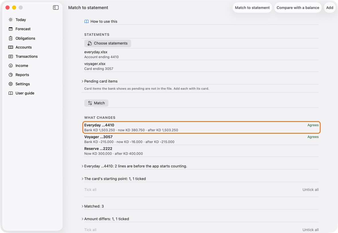 You should now see the card agree with the bank's figure, pending items included.