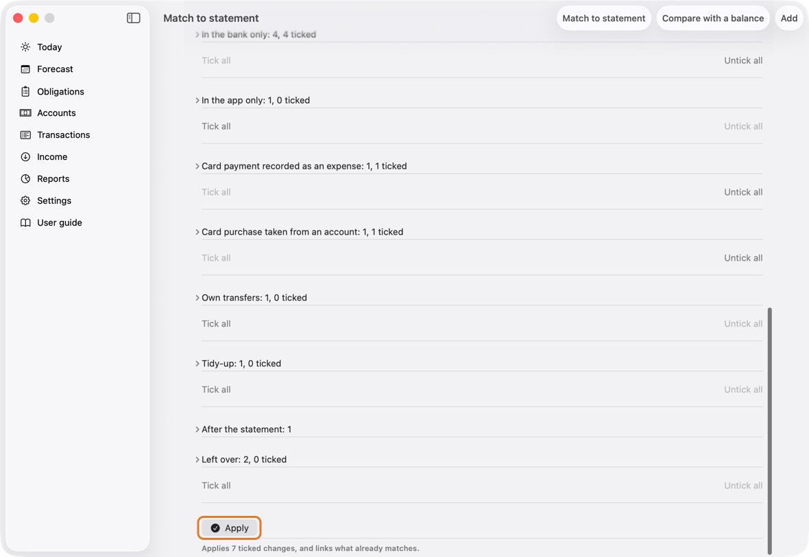 When every row in What changes shows Agrees, or you know why one doesn't, click Apply. Confirm. Nothing you left unticked changes.