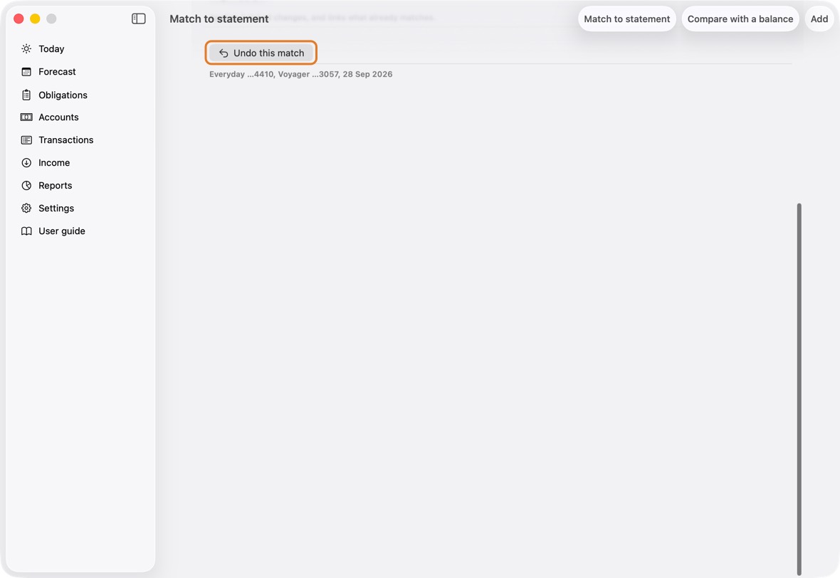 At the bottom of Match to statement, click Undo this match, and confirm. Everything the match added, changed or deleted goes back as it was.