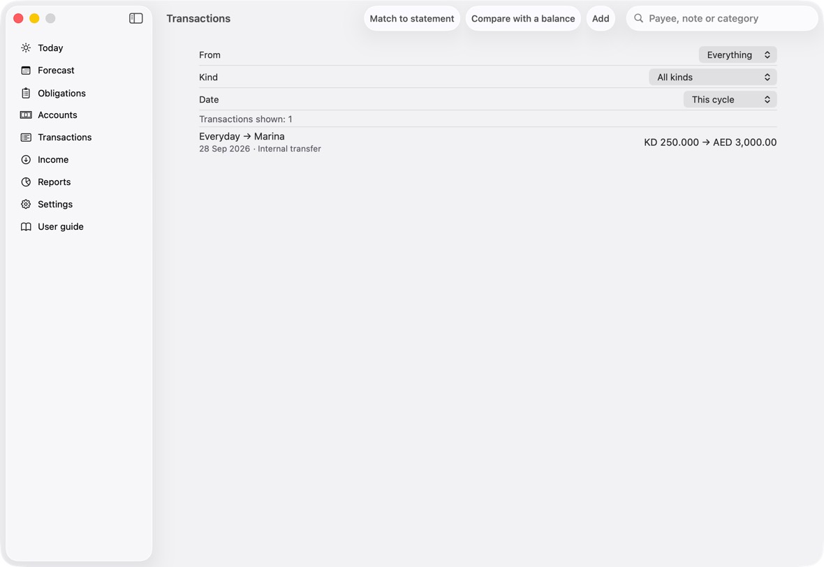 You should now see the transfer recorded and the account covered.