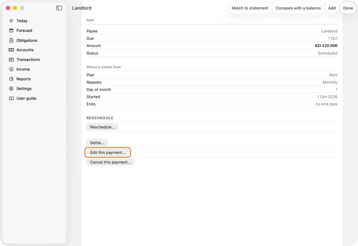 Open the obligation and click Edit this payment….