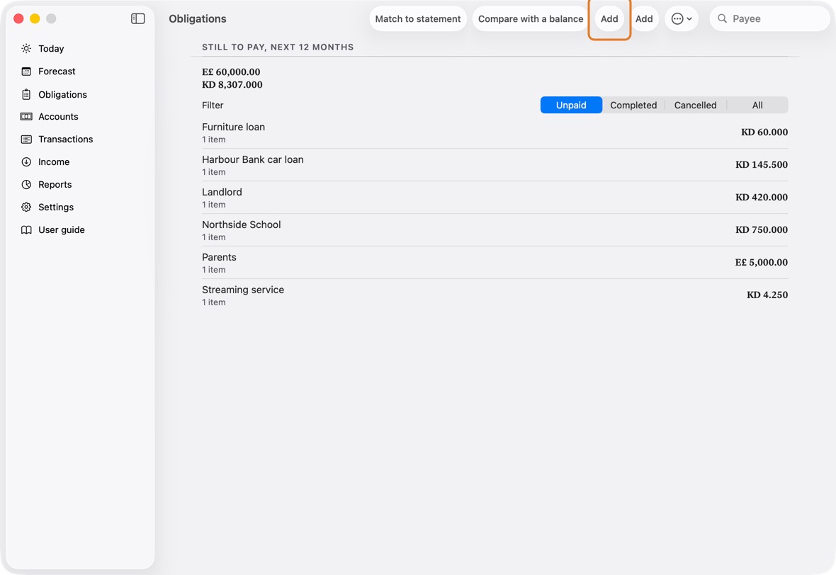 Open Obligations and click Add.