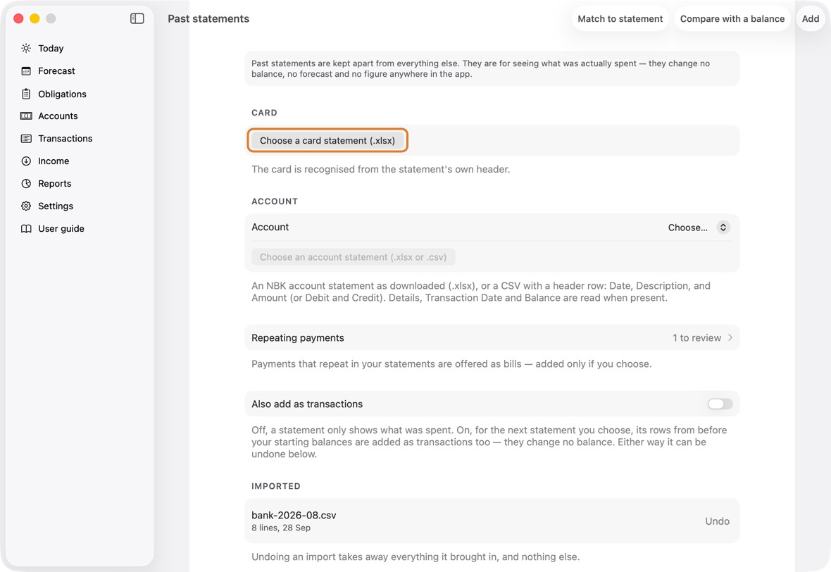 Click Choose a card statement (.xlsx), or choose the account and click Choose an account statement (.xlsx or .csv).