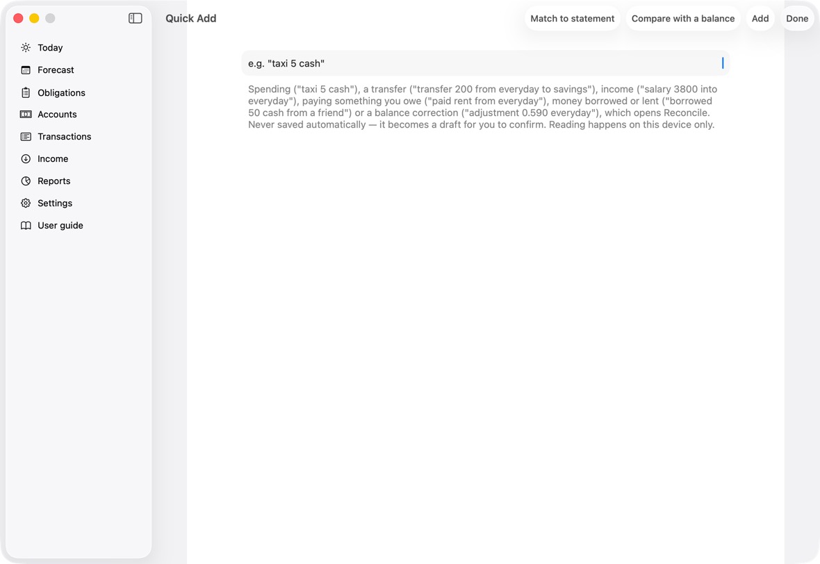 Click Scan a receipt and take a photo, or click Type it in words and write, for example, "taxi 5 cash".