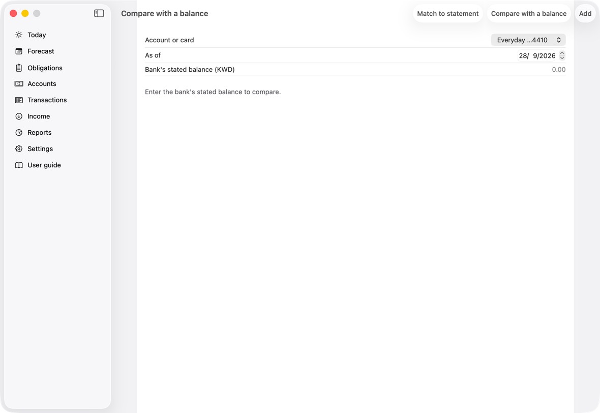 Choose the account, the date, and type the Bank's stated balance.