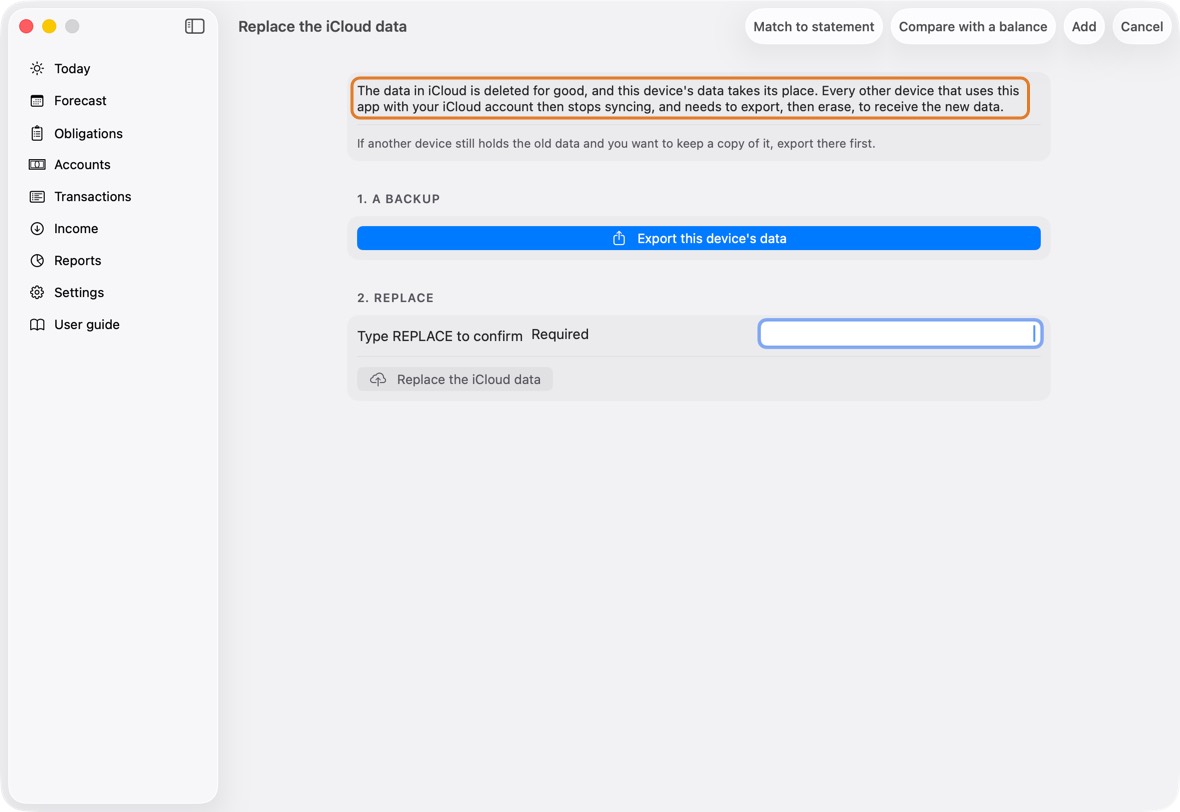 Click Replace the iCloud data with this device's data, on the banner or in Settings, under iCloud.