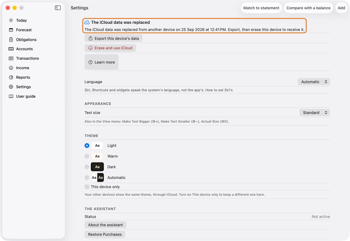You should now see the banner gone, and Syncing with iCloud. under iCloud in Settings. Your other devices show The iCloud data was replaced; on each, export, then Erase and use iCloud.
