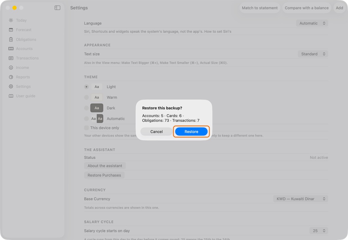 Choose the backup file. Check the counts it shows, then click Restore.
