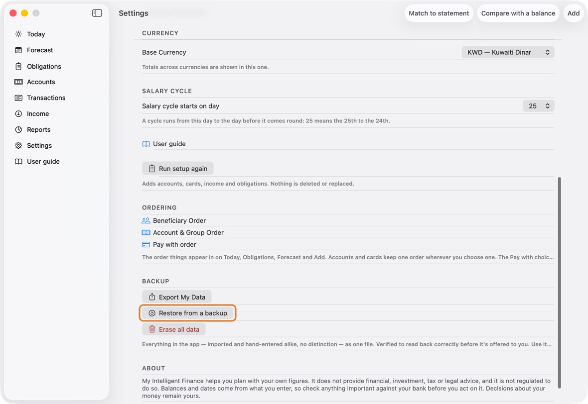 Open Settings and click Restore from a backup.
