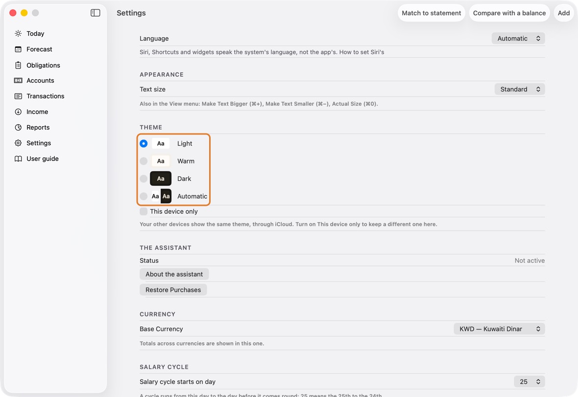 Open Settings. Under Theme, choose one: each shows a small preview of its colours.