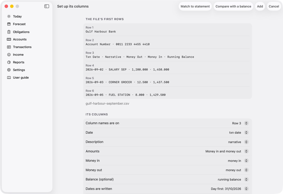 Check the columns the app found, and the preview at the bottom: the balance it reads must match the file's.