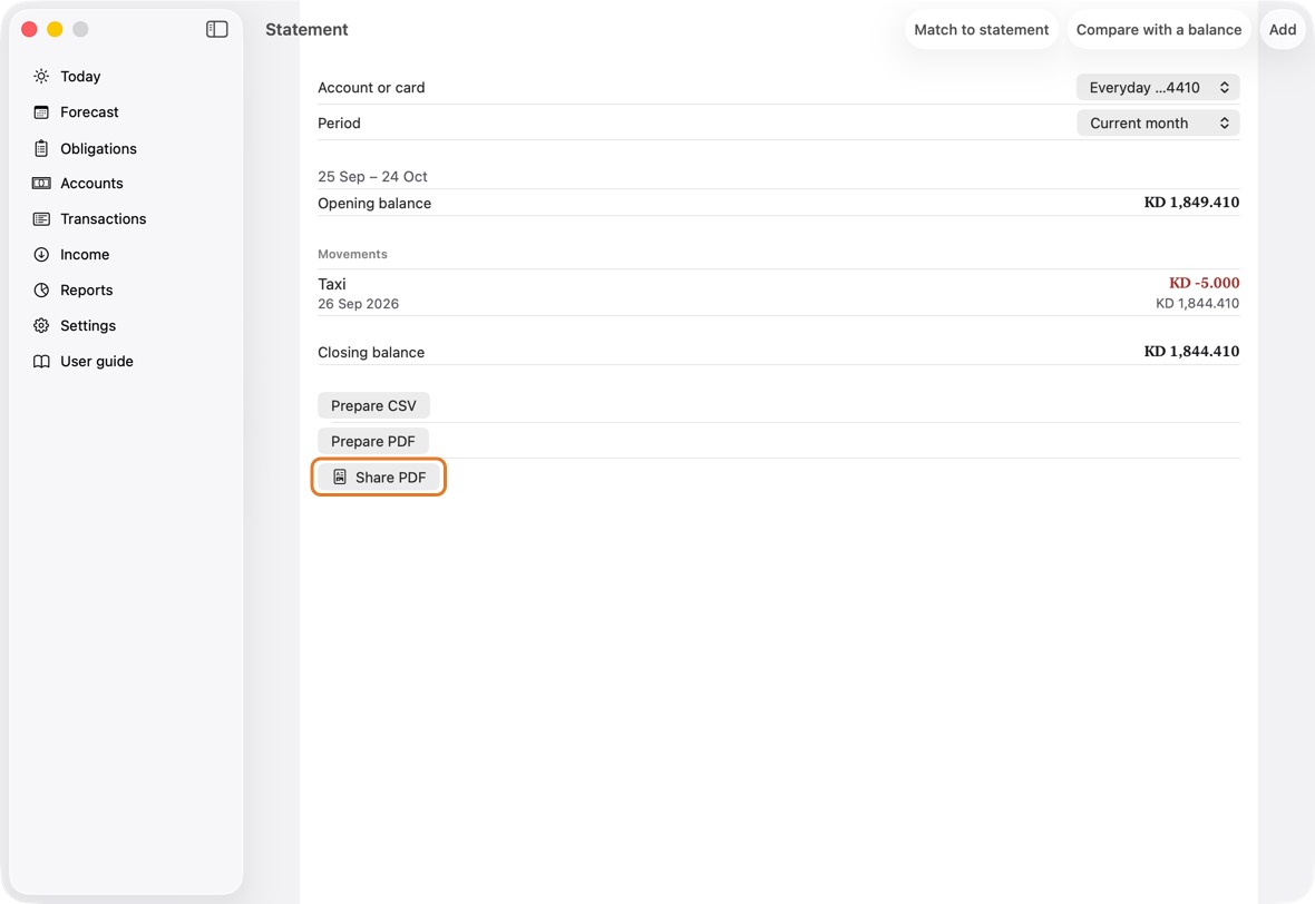 You should now see the opening balance, each movement and the closing balance for the period, ready to share.