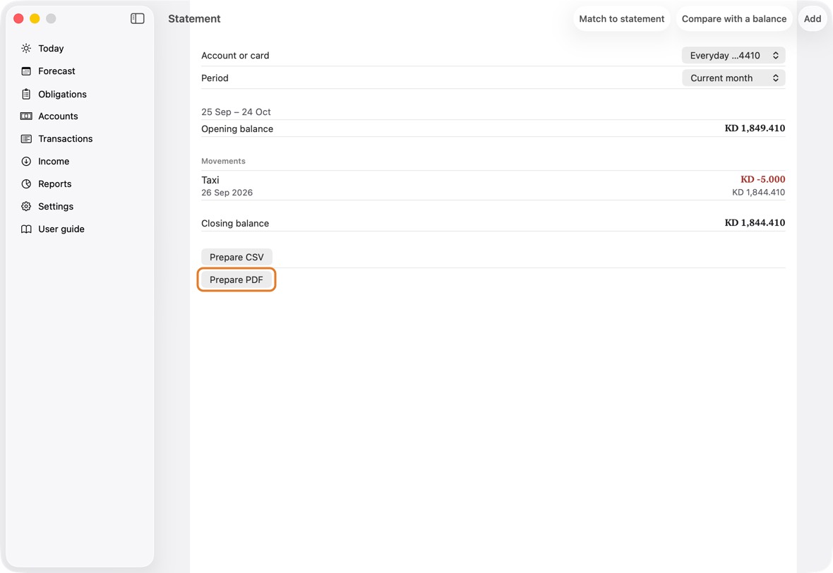 Choose the Account or card and the Period, then click Prepare PDF or Prepare CSV.