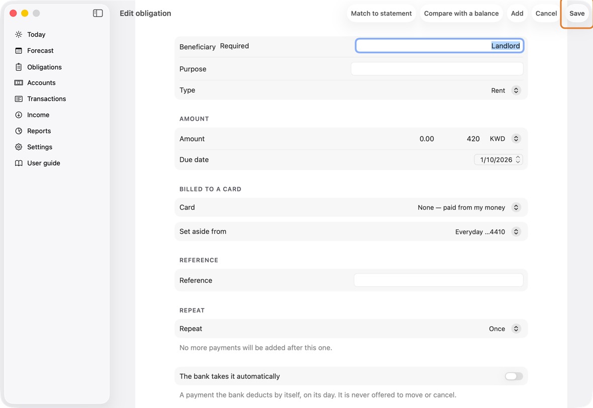 To stop it repeating, set Repeat to Once and click Save, then Stop repeating. This payment stays; the later ones go.