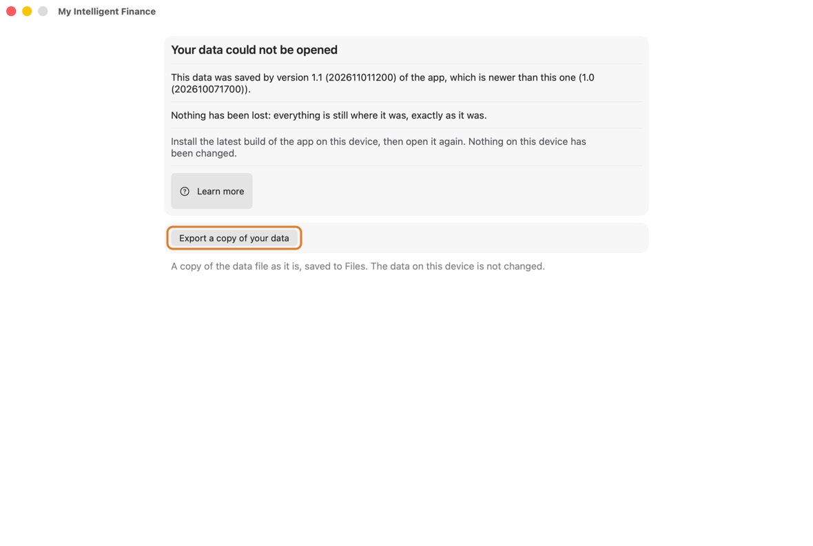The app opens on Your data could not be opened, with the reason under it and Export a copy of your data.