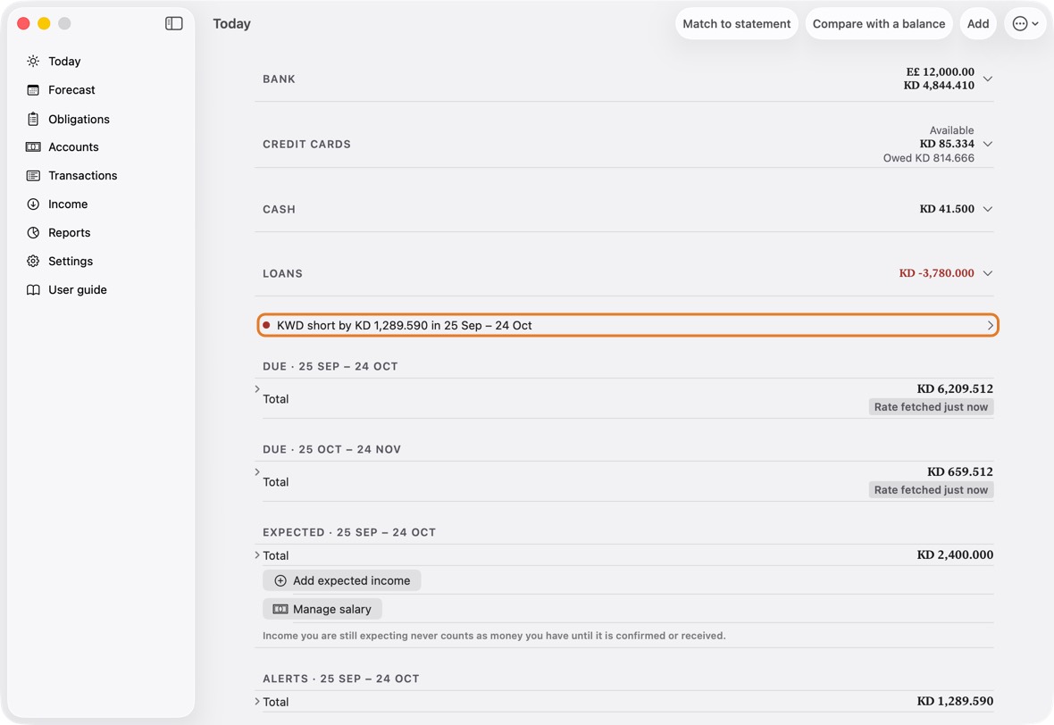 When a cycle runs short, a row with a red dot near the top says by how much and when; click it to see each account's shortfall. Further down, Advisor — ways through it appears: click it for the advisor.