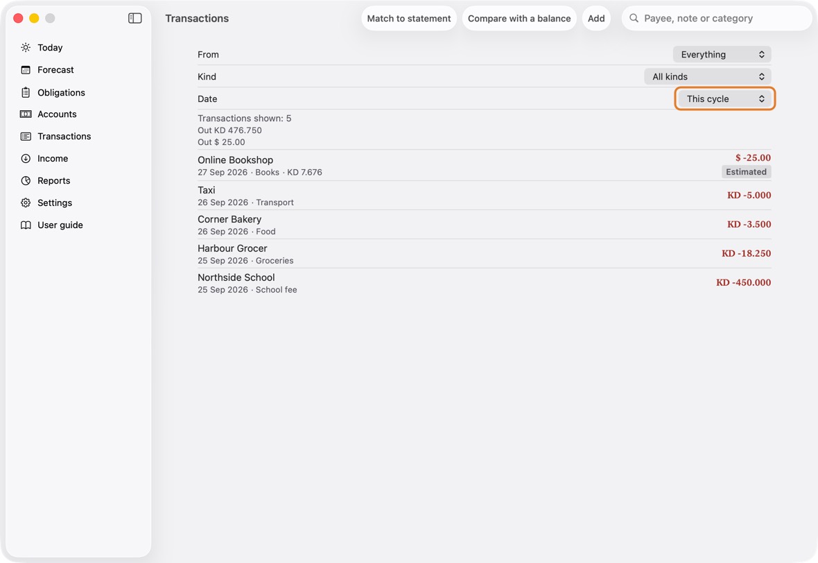 You should now see only that period's transactions, with their count and totals.